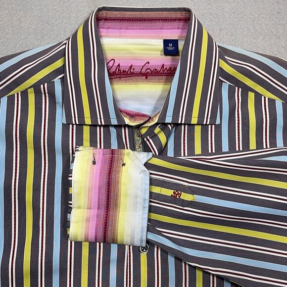 Robert Graham Shirt Men Size Medium‎ Striped Button Up Flip Cuff Colorful - Picture 11 of 14